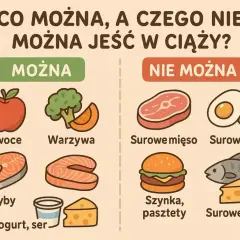 Ilustracja porównująca dozwolone (owoce, warzywa, ryby, jogurt, ser) i niedozwolone (surowe mięso, jaja, szynka, pasztety, surowe ryby) produkty w diecie w ciąży.