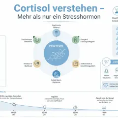 Schematyczny wykres przedstawiający wzór chemiczny kortyzolu, jego funkcje i dobowy rytm.