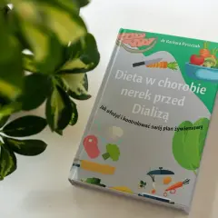 Okładka książki "Dieta w chorobie nerek przed Dializą" z ilustracjami warzyw i mięsa.