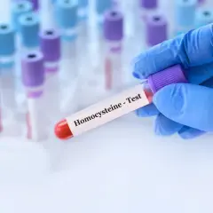 Ręka w niebieskiej rękawiczce trzyma probówkę z napisem "Homocysteine - Test".