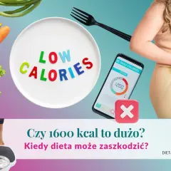 Warzywa, talerz z napisem "LOW CALORIES", aplikacja do liczenia kalorii i sylwetka kobiety. Czy dieta 1600 kcal jest dla Ciebie?