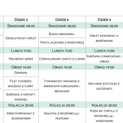 Tygodniowy plan posiłków, który może stanowić podstawę diety 2500 kcal, z propozycjami śniadań, lunchów i obiadów na każdy dzień.