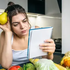 Zamyślona kobieta z gruszką przy uchu przegląda notatnik. Na stole warzywa i owoce, jakby planowała dietę 500 kcal.