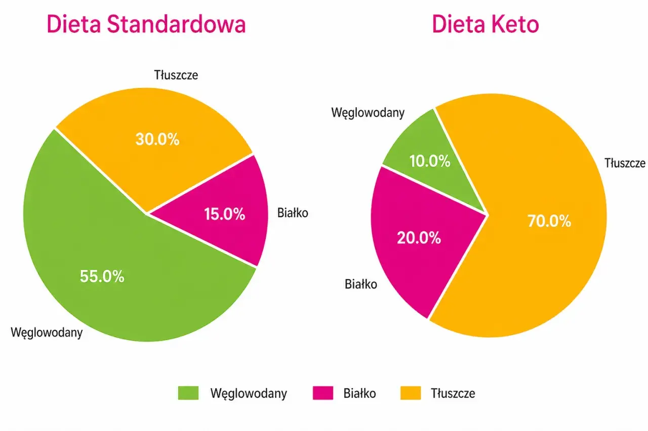 Wykresy porównujące skład diety standardowej (dużo węglowodanów) i diety keto (dużo tłuszczu). Dieta keto efekty widoczne w proporcjach makroskładników.