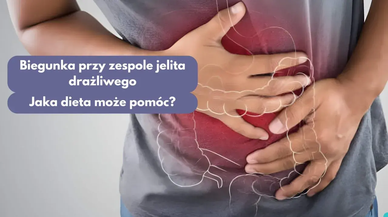 Osoba trzymająca się za brzuch, z widocznym zarysem jelit.