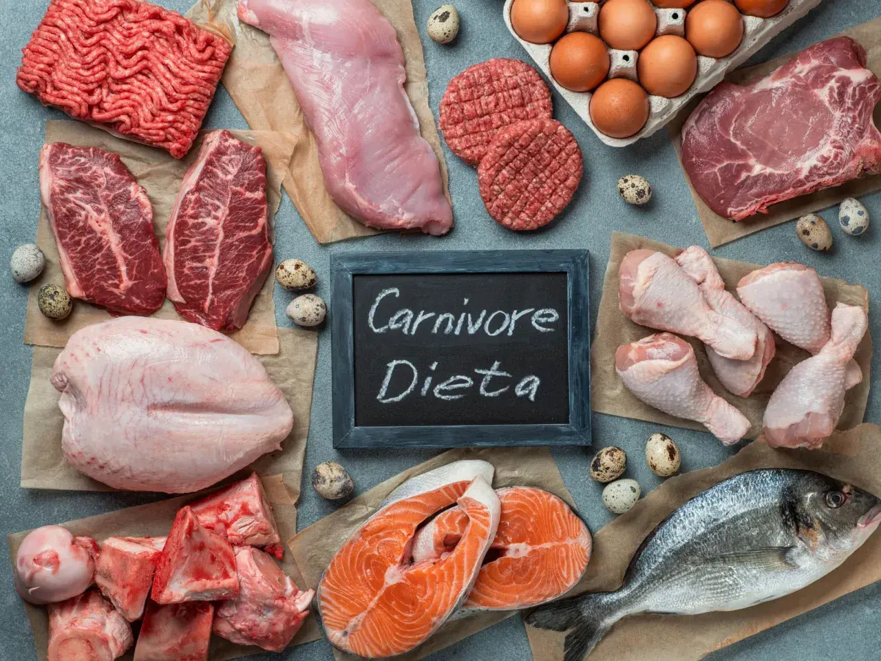 Przykładowy jadłospis dieta karniwora: mięso mielone, steki, ryby, kurczak, jajka, wieprzowina, wołowina, jagnięcina.