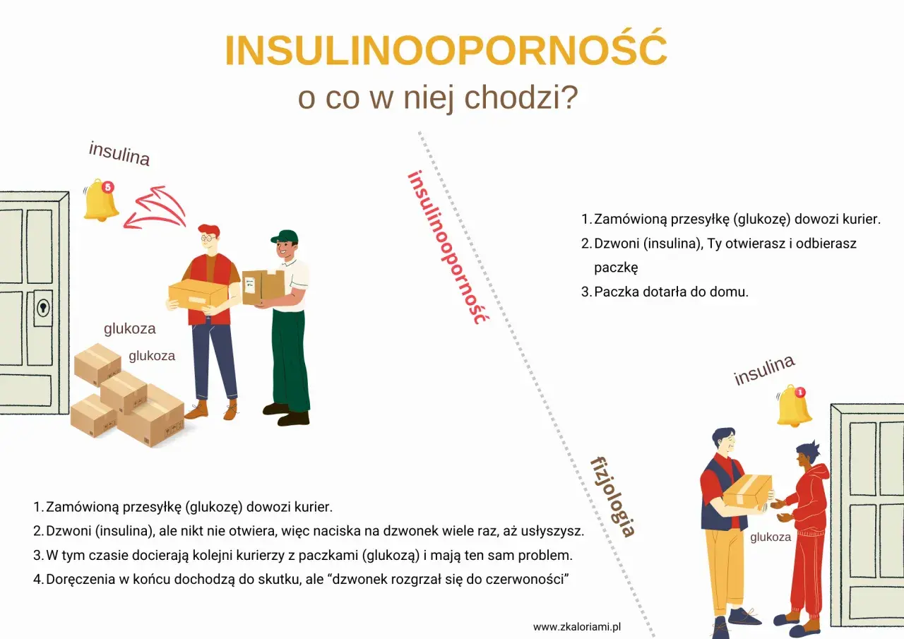 Ilustracja przedstawia kurierów z paczkami glukozy i dzwonek symbolizujący insulinę.