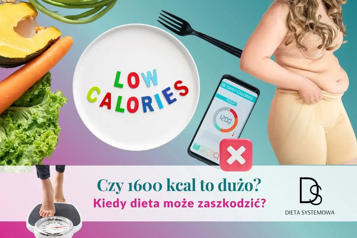 Warzywa, talerz z napisem "LOW CALORIES", aplikacja do liczenia kalorii i sylwetka kobiety. Czy dieta 1600 kcal jest dla Ciebie?