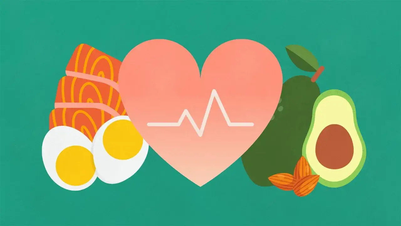Serce z EKG, łosoś, jajka, awokado i migdały – ilustracja o wpływie diety keto na cholesterol.
