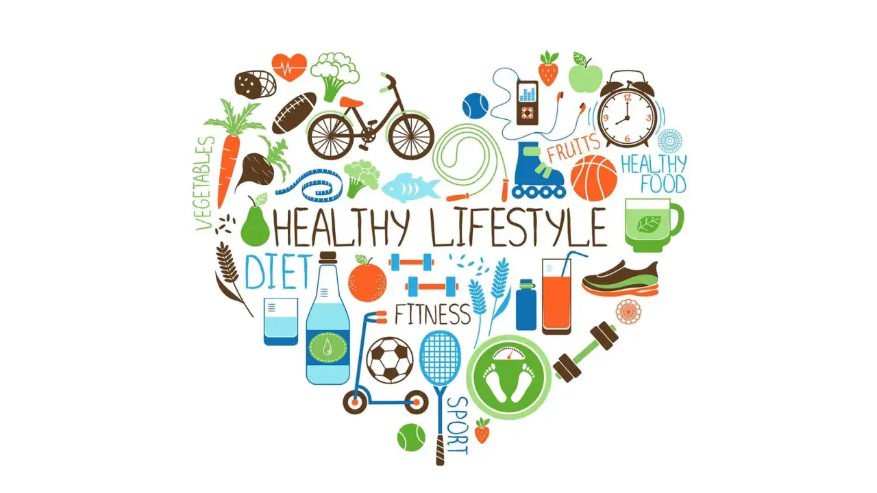 Serce z ikonami zdrowego stylu życia: warzywa, owoce, sport, fitness, woda. Zasada 80/20 dieta to klucz do sukcesu.