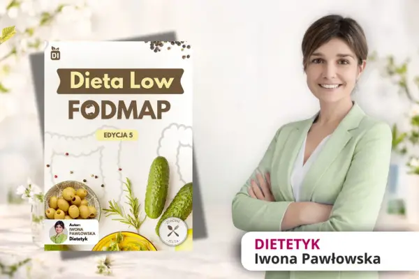 Okładka książki "Dieta Low FODMAP" z autorką Iwoną Pawłowską.